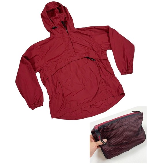 LL Bean Outdoors Womens Maroon Nylon Windbreaker Hooded Jacket Self Packing, PM